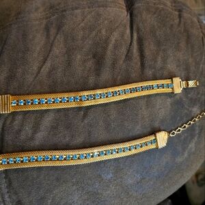 Vintage Gold Mesh Sarah Coventry Blue Rhinestone Bracelet & Choker Necklace Set